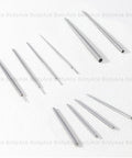 Set of stainless steel piercing tapers 14G, 16G, 18G, 20G with smooth edges for safe insertion into ears, nose, lips, and navel