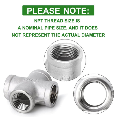 Two Pack Stainless Steel Four Way Pipe Fittings NPT Female Cross For One Half Inch Pipe Connections, close-up view, 304 SS material