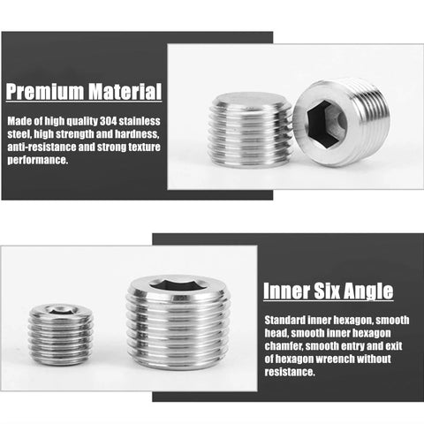 20 Piece Stainless Steel Pipe Plug Fitting Assortment Kit With Five Sizes One Eighth Inch One Quarter Inch Three Eighths Inch One Half Inch Three Quarters Inch NPT Male Internal Hex Thread Socket Plugs For Sealing Pipe Ports In A Plastic Storage Box, featuring 304 stainless steel plugs with hex socket