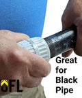 Stainless Steel Pipe Reamer Tool For Quick Deburring And Reaming shown in use on black pipe by a person