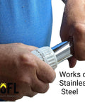 Person using Stainless Steel Pipe Reamer Tool For Quick Deburring And Reaming Durable Metal Build Keeps Pipes Clean Fits 0.25 To 1.25 Inch Outer Diameter And 0.1875 To 0.5 Inch Inner Diameter Ideal For Plumbing And Electrical Projects on metal pipe