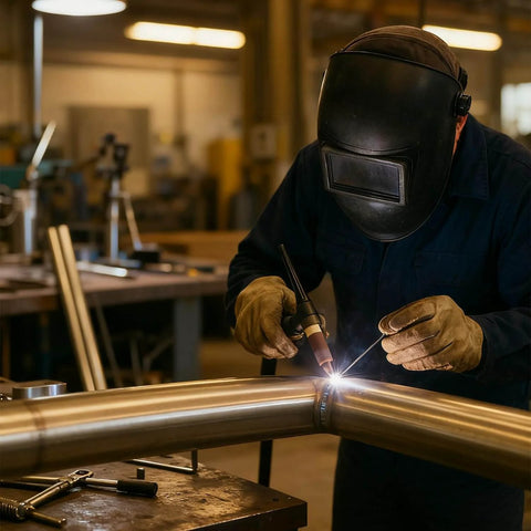 Welder using Pro Grade ER308L Stainless Steel TIG Welding Rods 1/16 X 16 In, 1 Lb Filler Wire with low spatter in industrial setting