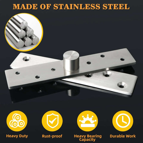 6 Inch Pivot Door Hinges 360 Degree Rotation Hidden Hinges Heavy Duty Stainless Steel Brushed Finish with icons and text
