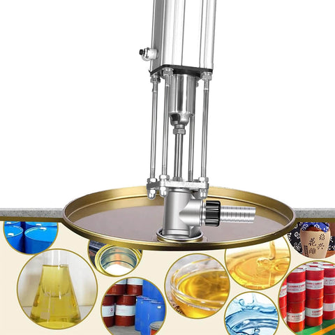 LHQYA 95cm Stainless Steel Pneumatic Chemical Pump in operation, showing piston and outlet for viscous liquids, flow 10L/min