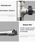 LHQYA 95cm Stainless Steel Pneumatic Chemical Pump discharge port and bottom filter close-up; outlet diameter 25/32mm for viscous liquids.