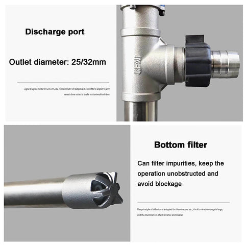 LHQYA 95cm Stainless Steel Pneumatic Chemical Pump discharge port and bottom filter close-up; outlet diameter 25/32mm for viscous liquids.