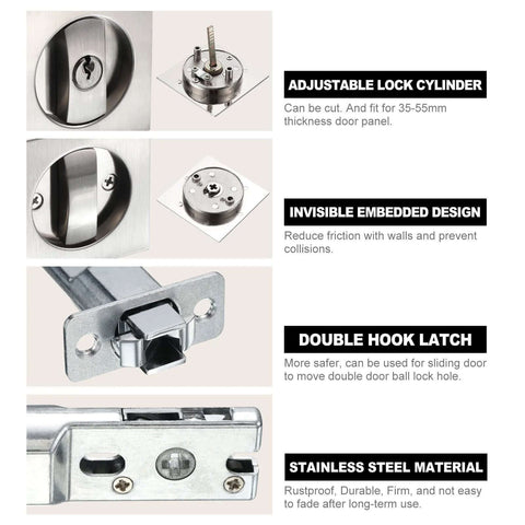 Pocket Door Lock With Keys And Invisible Recessed Handle Latch For Barn Doors And Wood Furniture, Silver Finish details and features