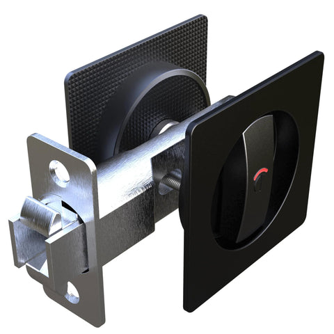 Indicator Pocket Door Lock Set For 1 3 Eighths To 2 3 Sixteenths Inch Doors With Flush Privacy Latch, Stainless Steel, side view