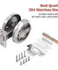 304 Stainless Steel Keyless Pocket Door Lock For Corridor Sliding Doors With Hidden Recessed Cup Install Brushed Silver Door Handles Easy Installation No Keys Required Durable Privacy Solution, shown with screws and latch.