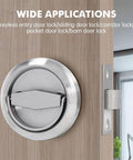 304 Stainless Steel Keyless Pocket Door Lock For Corridor Sliding Doors With Hidden Recessed Cup Install shown on wooden door