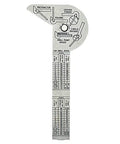 Compact stainless steel 6 in 1 pocket ruler and gauge combines drill point gauge, bevel protractor, center finder, circle divider, and tap and drill table with etched 64ths and millimeters for quick, precise measurements on the go showing functions.