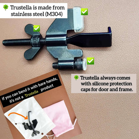 Stay Safe Anywhere Heavy-Duty Portable Door Lock, stainless steel with silicone protector caps, TSA approved for travel, close-up view