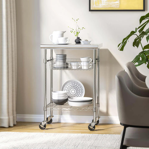 Stainless Steel Commercial Work Table Island Prep Cart With 24 By 20 Inch Top, 36 Inch High, NSF Certified, Sliding Wire Basket And Shelf