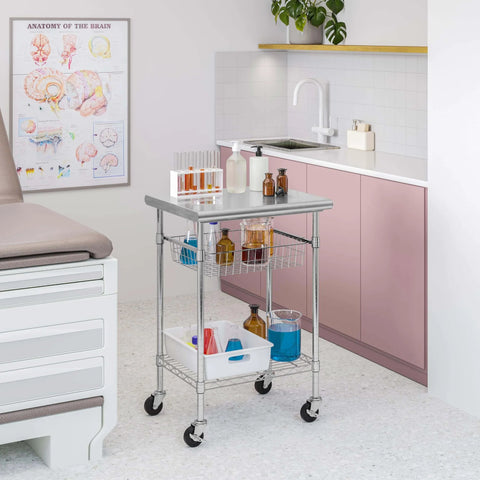 Stainless Steel Commercial Work Table Island Prep Cart With 24 By 20 Inch Top, 36 Inch High, NSF Certified, Sliding Wire Basket And Shelf, Ideal For Restaurant Kitchen Cafeteria Warehouse Garage Home Use