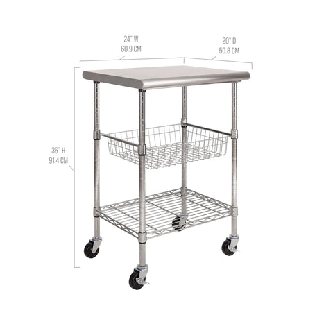 Stainless Steel Commercial Work Table Island Prep Cart With 24 By 20 Inch Top, 36 Inch High, NSF Certified, Sliding Wire Basket And Shelf