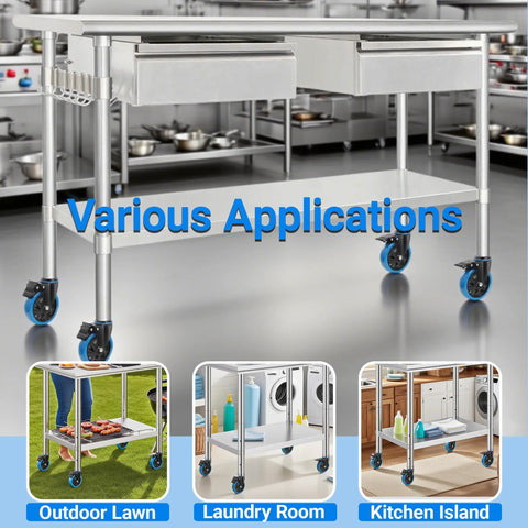 4 Inch Prep Table Caster Set Of 4 With Swivel Expanding Stem And Brakes For Stainless Steel Tables And Carts, Dual Bearing Design For Stability, 550 Lb Capacity Per Caster, 2200 Lb Total Load in various applications like outdoor lawn, laundry room, kitchen island.