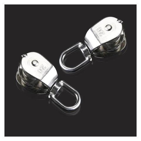 2-Pack 304 Stainless Steel Swivel Pulley 20mm, rigging hardware for hanging wire, shown front view on black background