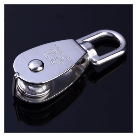 Stainless steel M20 single wheel pulley for wire rope hoisting, built with a 304 stainless steel body, 360 degree swivel wheel, 20mm pulley size, and 75kg load rating, designed for smooth hanging and light lifting in garages, and marine environments.