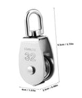 Front view of a 3pcs Stainless Steel Pulley Single Block Heavy Duty Cable Pulley for Rope Swivel Roller with measurements