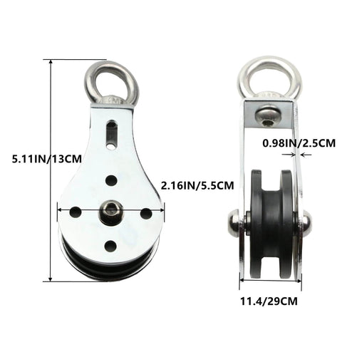 Pulley Wheel Stainless Steel Small Pulley Block 360 Degree Rotating Silent Cable Pully Load Bearing Mechanical Pulleys, Silver (Silver-2) with dimensions shown