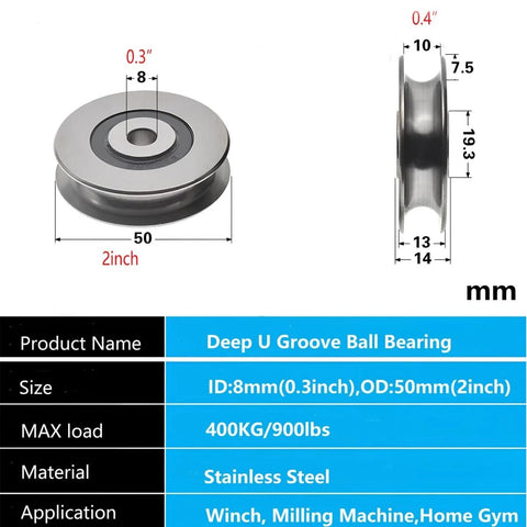 Dimensions and specifications of Stainless Steel Deep Groove Ball Bearing Lifting Pulley Wheel For Wire Rope 8mm Inner Diameter 400kg Capacity 50mm Wheel Beefy Heavy Duty Build Anti Rust Durable Construction Ultra Silent Double Bearing Pulley For Lifting shown in image