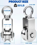 Front and side view of Cable Pulley Wheel Stainless Steel, M34 Single Pulley Snatch Block, detailed measurements shown, 551 lbs load
