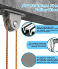 Small Pulley Block, 4 Pack 304 Stainless Steel Pulley Wheel installed with rope in metal structure, detailed view