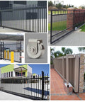 Collage of gates with a close-up of 2Pack Pulley Block U 304 Stainless Steel Pulley Roller, 2 Inch Heavy Duty Duplex Bearing Silent Grooved Wheel.