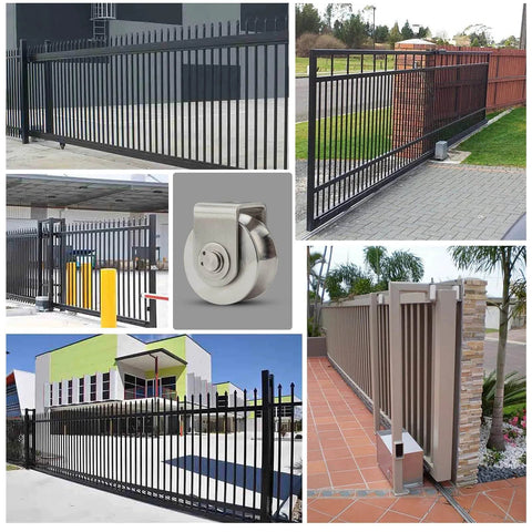 Collage of gates with a close-up of 2Pack Pulley Block U 304 Stainless Steel Pulley Roller, 2 Inch Heavy Duty Duplex Bearing Silent Grooved Wheel.