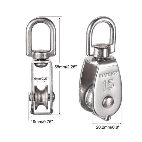 Stainless Steel Wire Rope Crane Pulley Block M15 Lifting Crane Swivel Hook Single Pulley Block Hanging Wire Towing Wheel 6Pcs close-up