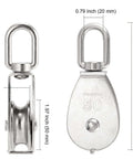 Front and side view of 6 Pack M50 Single Pulley Block, 304 stainless steel lifting wire crane pulley roller, for 0.5 in wire rope, loading 880 lbs.