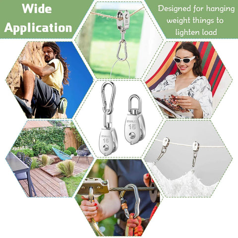 30 Pcs Single Pulley Block System 304 Stainless Steel Pulley Wheel Hanging Wire Towing Wheel with 30 Pcs Spring Snap Hook, Lifting Wire Rope Single Swivel Roller, Silver(M15) shown in various uses.