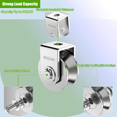 2Pack Pulley Block U 304 Stainless Steel Pulley Roller, 2 Inch Heavy Duty Duplex Bearing Silent Grooved Wheel Loading 880lb/400Kg for Material Handling and Moving, shown with detailed close-ups.