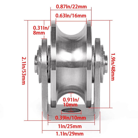 Side view of U Groove Pulley Block 2", 304 Stainless Steel Pulley Roller with dimensions, for wire rope traction and home gym use.