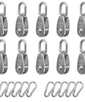 10 Pcs M20 Single Pulley Block 304 Stainless Steel M20 Pulleys for Rope with 10Pcs Snap Hook, front view of pulleys and hooks.