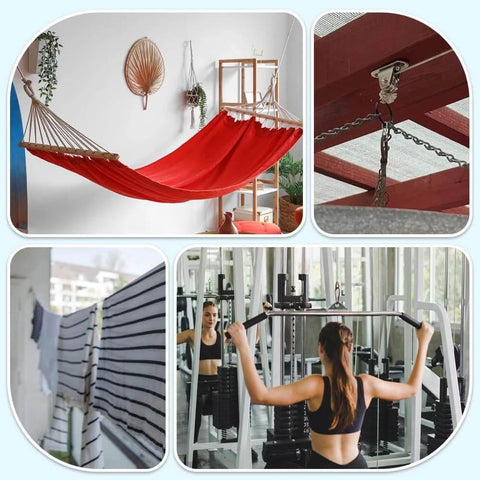 Small Pulley Block, 4 Pack 304 Stainless Steel Pulley Wheel installed on wooden beam for sun shade and gym equipment support.