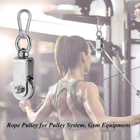 Pulley Wheel U Swivel Roller Stainless Steel Cable Pulley Block 360 Degree Rotating Rope Wheel Smooth Loading Silence Rotation Traction Wheel with Carabiner for Lifting Gym Equipment Clothesline 2pcs in use at gym