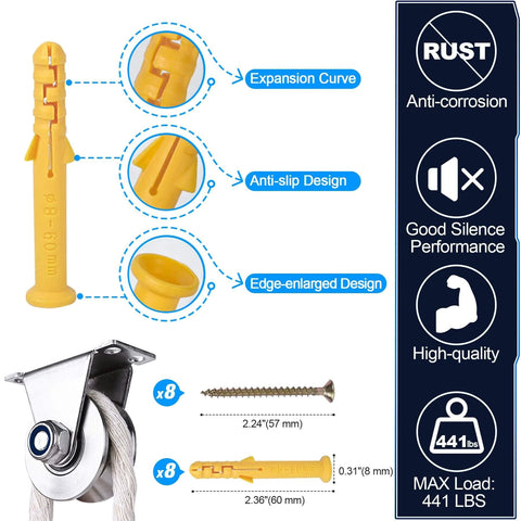 ✝️ Groove Pulley Wheel with yellow expansion plugs, anti-slip, edge-enlarged design, and screws. Supports 441 lbs for rope systems.