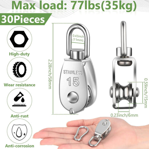 30 Pcs Single Pulley Block System 304 Stainless Steel Pulley Wheel Hanging Wire Towing Wheel with 30 Pcs Spring Snap Hook, Lifting Wire Rope Single Swivel Roller, Silver(M15)