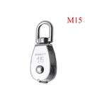 Front view of Stainless Steel Pulley M50 Single Wheel Swivel Lifting Rope Pulley Set, labeled M15.