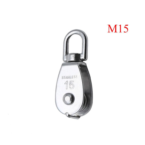 Front view of Stainless Steel Pulley M50 Single Wheel Swivel Lifting Rope Pulley Set, labeled M15.