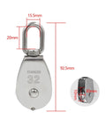 Front view of Stainless Steel Pulley M20 Single Wheel Swivel Lifting Rope Pulley Set Lifting Wheel Tools with measurements.