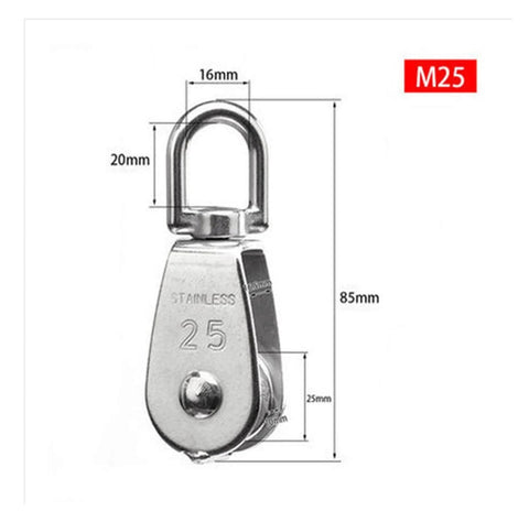 Stainless Steel Pulley M25 Single Wheel Swivel Lifting Rope Pulley Set Lifting Wheel Tools(M25) with dimensions shown