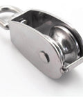 Close-up of Stainless Steel Pulley M25 Single Wheel Swivel Lifting Rope Pulley Set, showing side view of wheel and mount