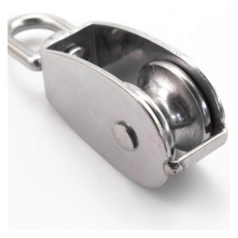 Close-up of Stainless Steel Pulley M25 Single Wheel Swivel Lifting Rope Pulley Set, showing side view of wheel and mount