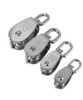 Stainless Steel Pulley M32 Single Wheel Swivel Lifting Rope Pulley Set, four sizes shown in steel body with swivel hooks
