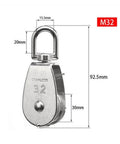 Stainless Steel Pulley M32 Single Wheel Swivel Lifting Rope Pulley Set shown with dimensions; 304 stainless steel body.