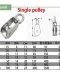 Diagram and table view of the Stainless Steel Pulley M32 Single Wheel Swivel Lifting Rope Pulley Set Lifting Wheel Tools(M32) specifications.
