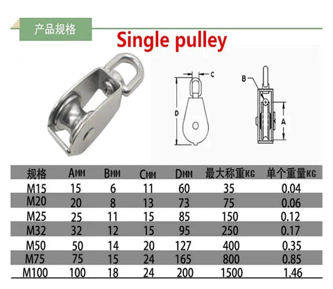 Diagram and table view of the Stainless Steel Pulley M32 Single Wheel Swivel Lifting Rope Pulley Set Lifting Wheel Tools(M32) specifications.