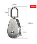 Front view of Stainless Steel Pulley M50 Single Wheel Swivel Lifting Rope Pulley Set with dimensions.